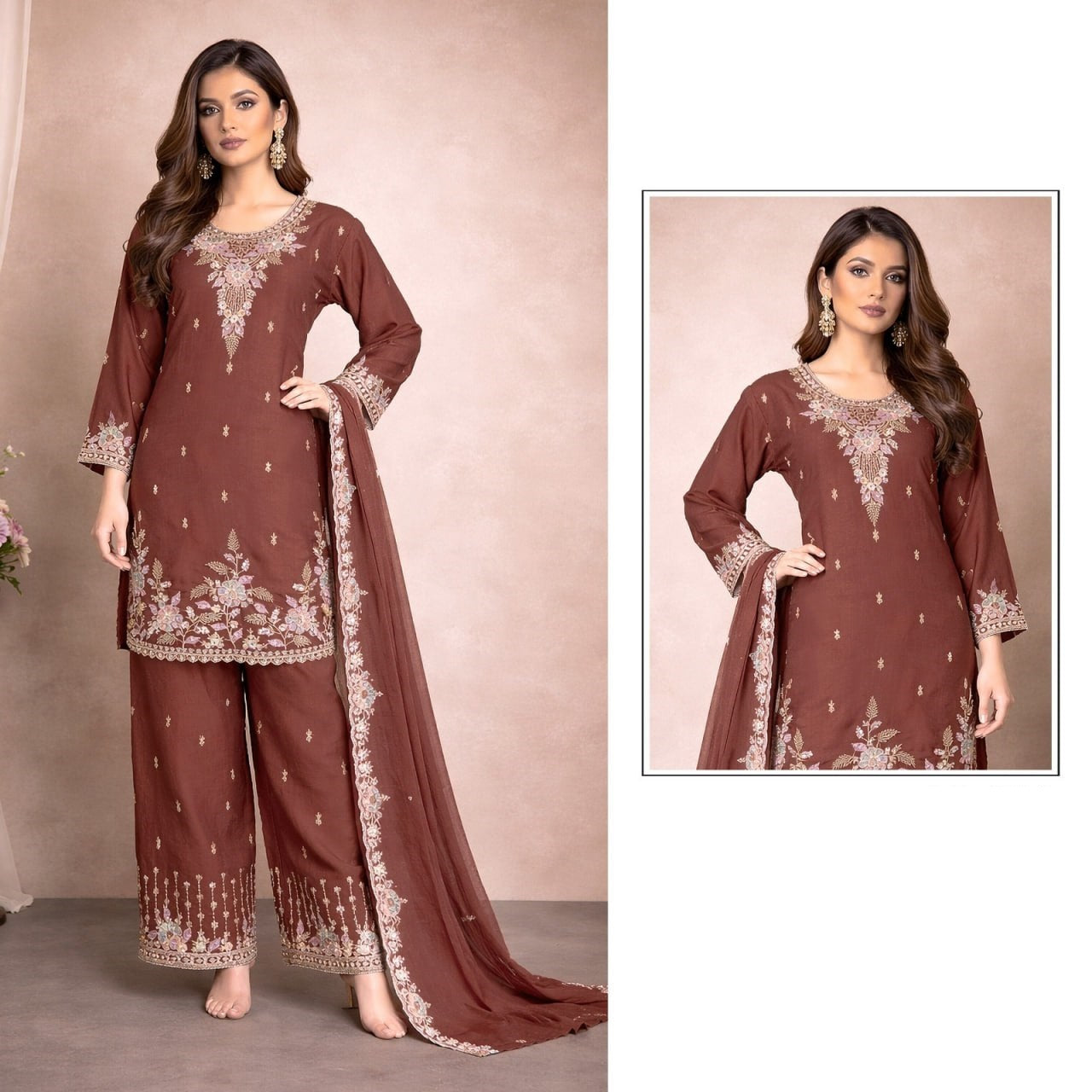 women’s heavy rangoli crush palazzo suit set with beads embroidery & dupatta | ready-made xxl ethnic wear
