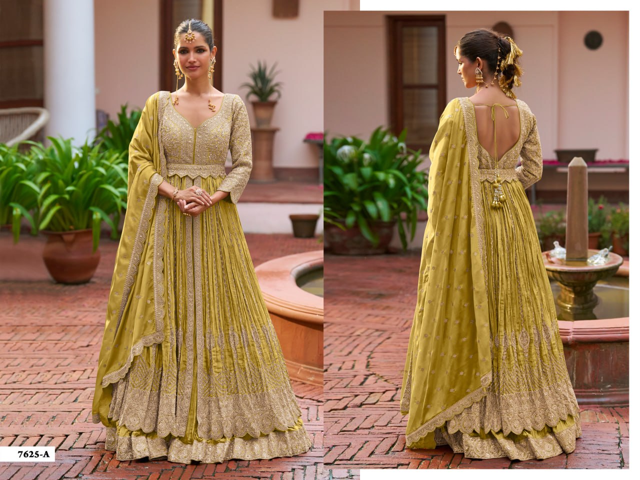 women’s heavy chinon embroidered gown set with dupatta | designer cording work ethnic wear with unstitched bottom