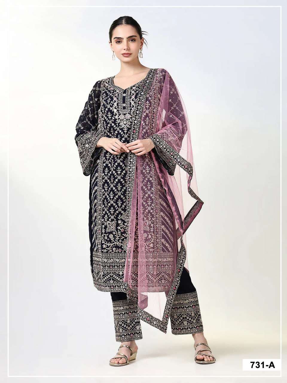 women’s semi-stitched blooming georgette designer suit material with cording zari & sequence work | butterfly net dupatta fashion kreza