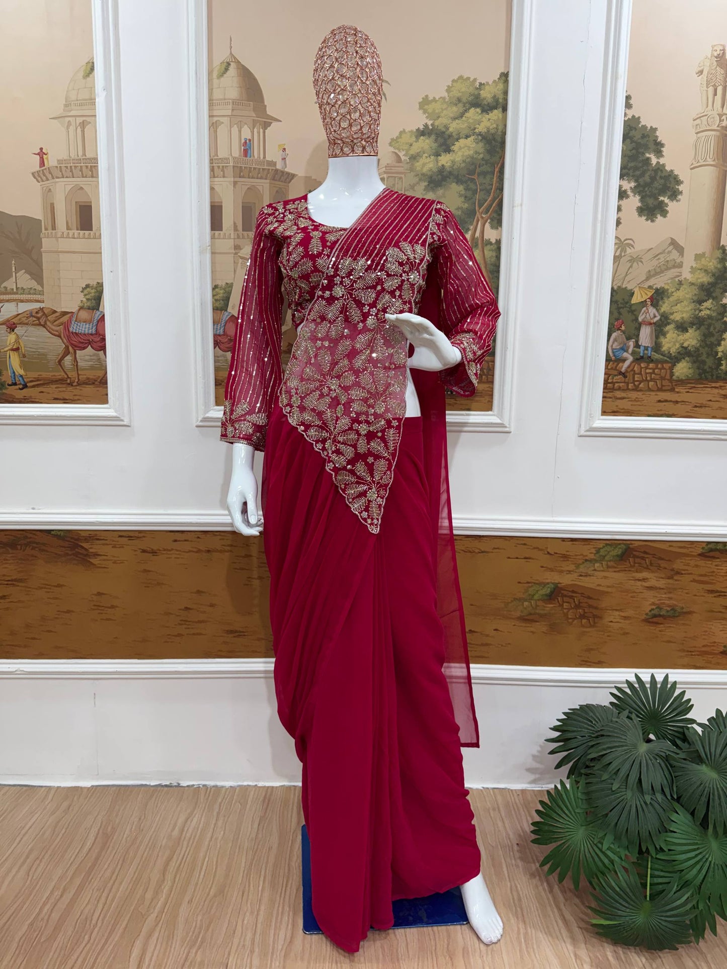 women's ready to wear faux georgette drape saree with semi-beads embroidered blouse | designer party wear saree