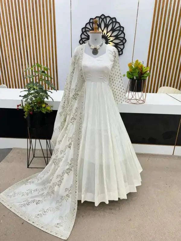 aglow white color chinon silk embroidery sequence work gown fashion kreza