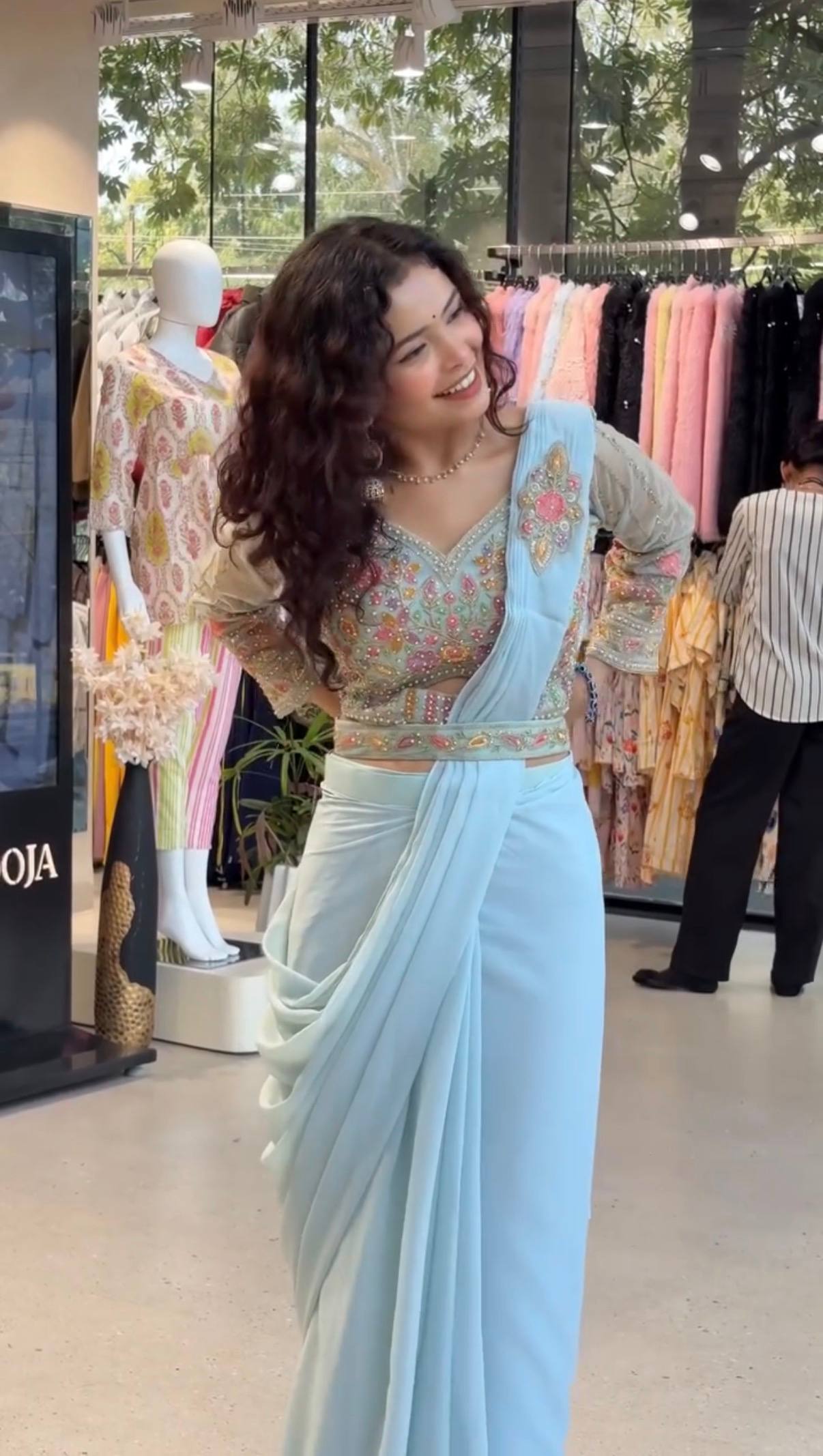 we are launching new superhit trending ready to wear saree with hand work & embroidered stylist blouse & on faux georgette fabric