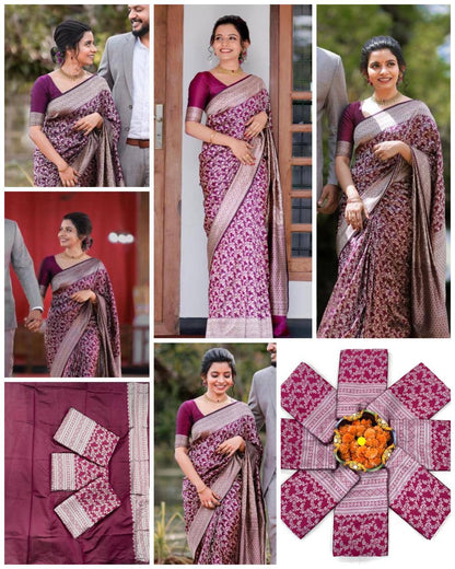 Women’s Soft Lichi Silk Floral Jacquard Saree with Rich Pallu | Traditional Festive Saree with Matching Blouse Piece