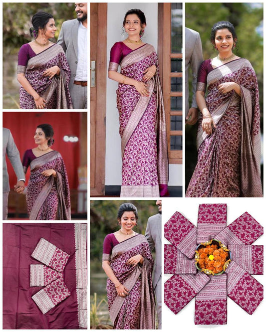 Women’s Soft Lichi Silk Floral Jacquard Saree with Rich Pallu | Traditional Festive Saree with Matching Blouse Piece
