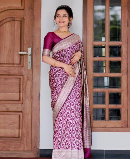 Women’s Soft Lichi Silk Floral Jacquard Saree with Rich Pallu | Traditional Festive Saree with Matching Blouse Piece
