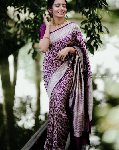 Women’s Soft Lichi Silk Floral Jacquard Saree with Rich Pallu | Traditional Festive Saree with Matching Blouse Piece