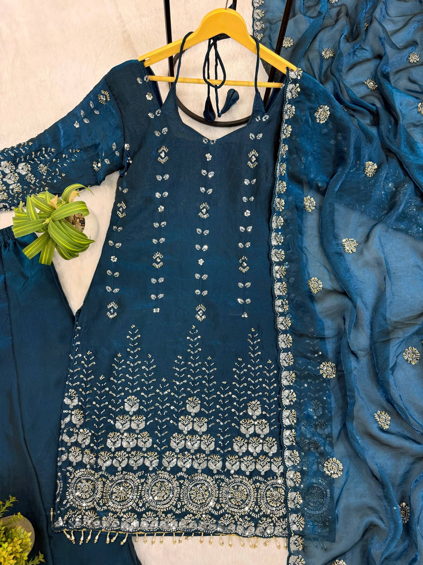 women’s fendy satin kurti palazzo set with heavy beads embroidery & dupatta | 3 piece premium ethnic suit set