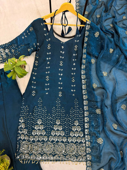 Women’s Fendy Satin Kurti Palazzo Set with Heavy Beads Embroidery & Dupatta | 3 Piece Premium Ethnic Suit Set
