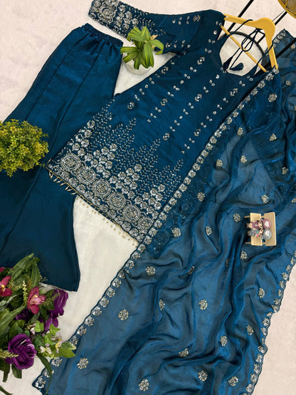 Women’s Fendy Satin Kurti Palazzo Set with Heavy Beads Embroidery & Dupatta | 3 Piece Premium Ethnic Suit Set