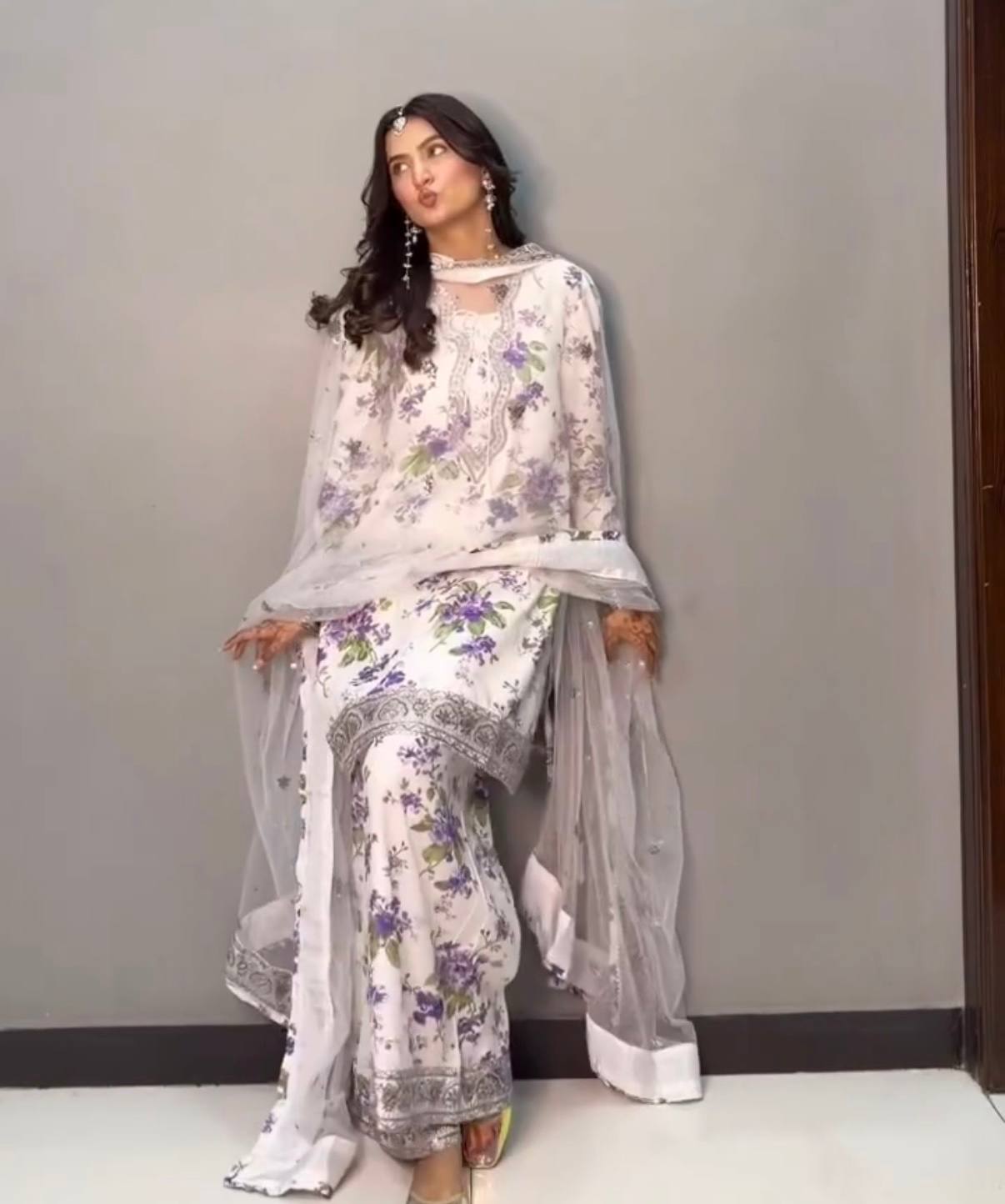 women’s printed faux georgette kurti palazzo set with embroidered neck work & dupatta | 3 piece ethnic suit set
