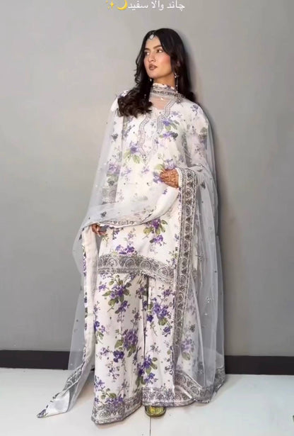 Women’s Printed Faux Georgette Kurti Palazzo Set with Embroidered Neck Work & Dupatta | 3 Piece Ethnic Suit Set