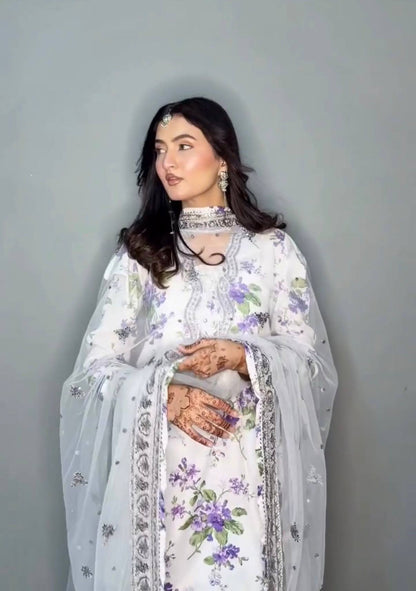 Women’s Printed Faux Georgette Kurti Palazzo Set with Embroidered Neck Work & Dupatta | 3 Piece Ethnic Suit Set