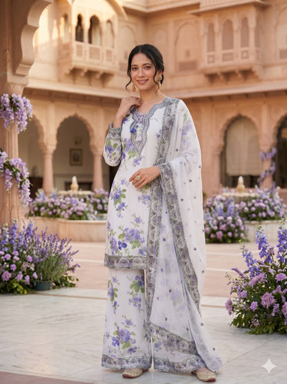 Women’s Printed Faux Georgette Kurti Palazzo Set with Embroidered Neck Work & Dupatta | 3 Piece Ethnic Suit Set