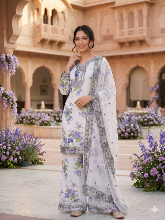 Women’s Printed Faux Georgette Kurti Palazzo Set with Embroidered Neck Work & Dupatta | 3 Piece Ethnic Suit Set
