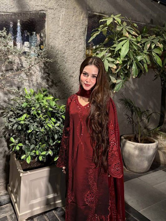 Pakistani Maroon Suit Set with Sequence Embroidery & JMY Choo Dupatta | Wedding Party Wear Ethnic Suit