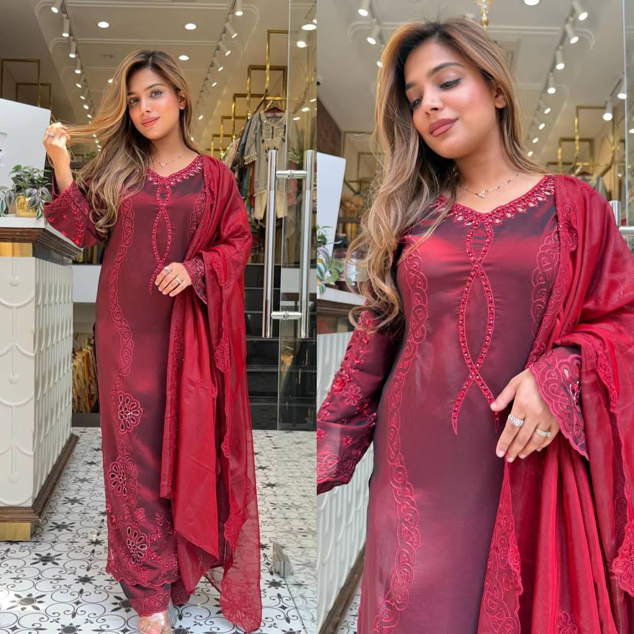 pakistani maroon suit set with sequence embroidery & jmy choo dupatta | wedding party wear ethnic suit