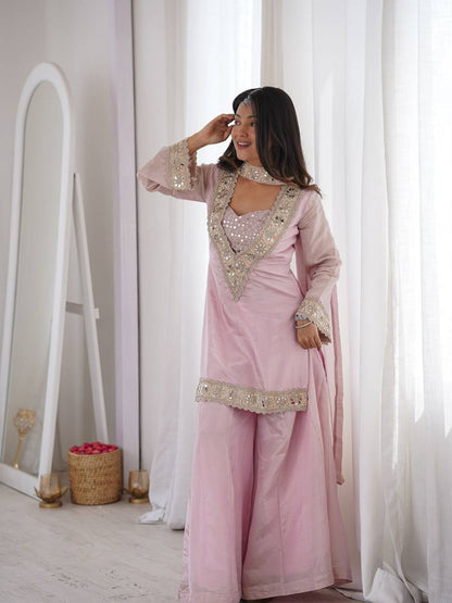 Women’s 4 Piece Mirror Work Ethnic Set with Tube Blouse, Embroidered Top, Palazzo & Dupatta | Wedding Party Wear Set