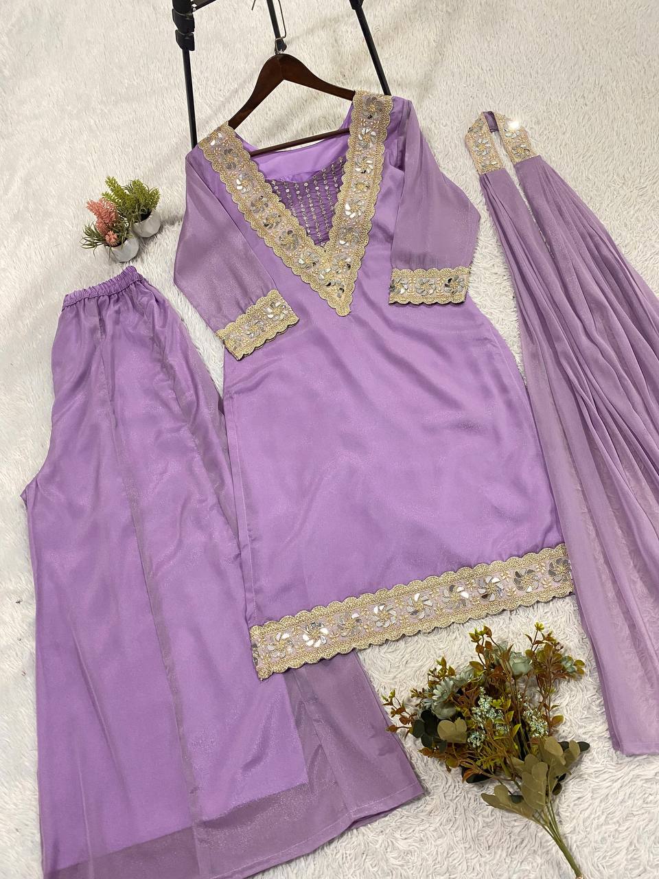 women’s 4 piece mirror work ethnic set with tube blouse, embroidered top, palazzo & dupatta | wedding party wear set