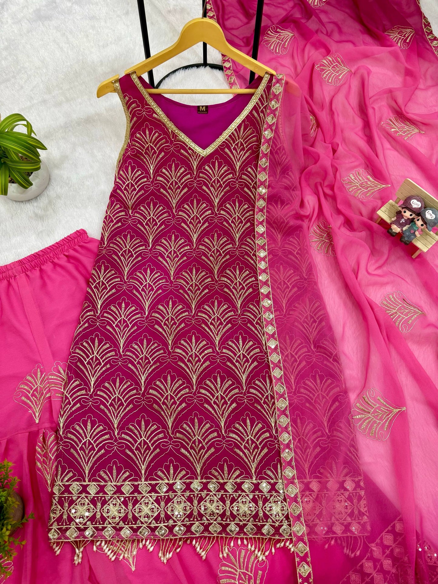 women’s printed faux georgette kurti pant dupatta set with embroidery work | 3 piece ethnic wear set