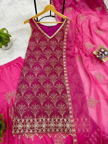 Women’s Printed Faux Georgette Kurti Pant Dupatta Set with Embroidery Work | 3 Piece Ethnic Wear Set