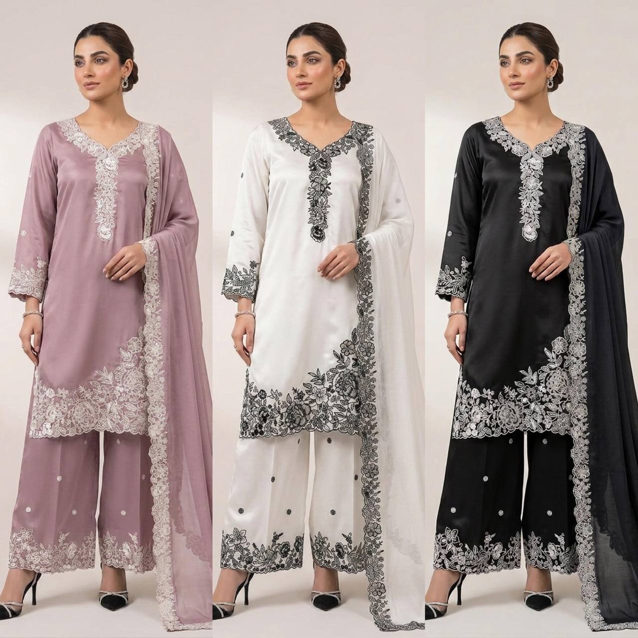 women’s eid special embroidered suit set with palazzo & organza dupatta | festive ethnic wear set