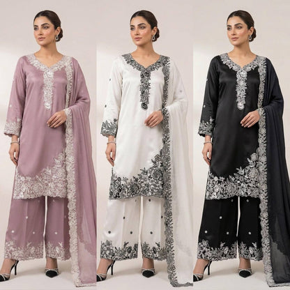 Women’s Eid Special Embroidered Suit Set with Palazzo & Organza Dupatta | Festive Ethnic Wear Set