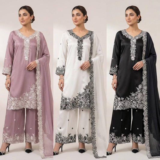 Women’s Eid Special Embroidered Suit Set with Palazzo & Organza Dupatta | Festive Ethnic Wear Set