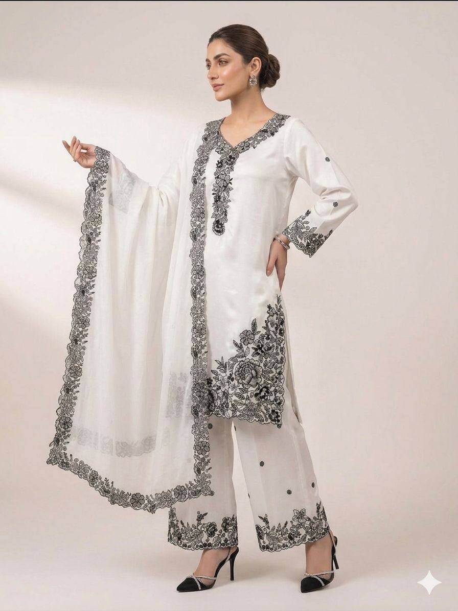 women’s eid special embroidered suit set with palazzo & organza dupatta | festive ethnic wear set