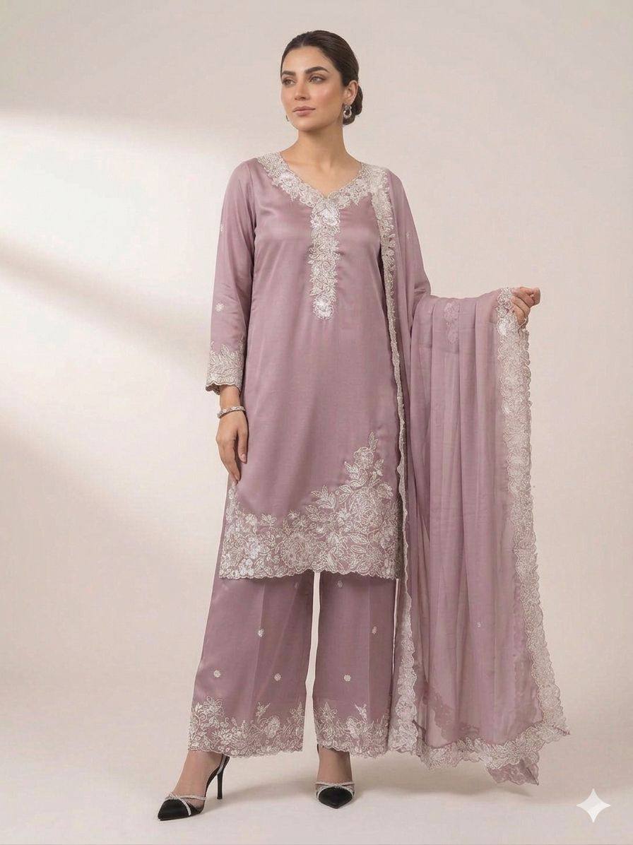 women’s eid special embroidered suit set with palazzo & organza dupatta | festive ethnic wear set