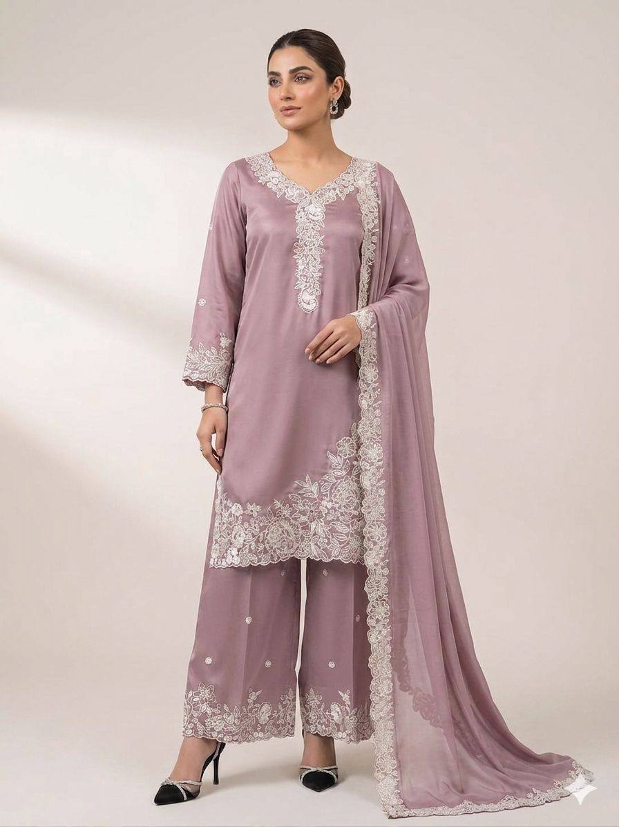 women’s eid special embroidered suit set with palazzo & organza dupatta | festive ethnic wear set