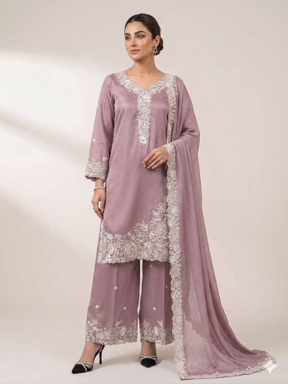 Women’s Eid Special Embroidered Suit Set with Palazzo & Organza Dupatta | Festive Ethnic Wear Set