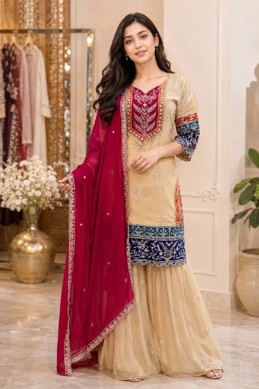 Women’s Heavy Embroidered Rangoli Silk Kurti Palazzo Set with Dupatta | 3 Piece Ethnic Suit Set for Festive & Party Wear