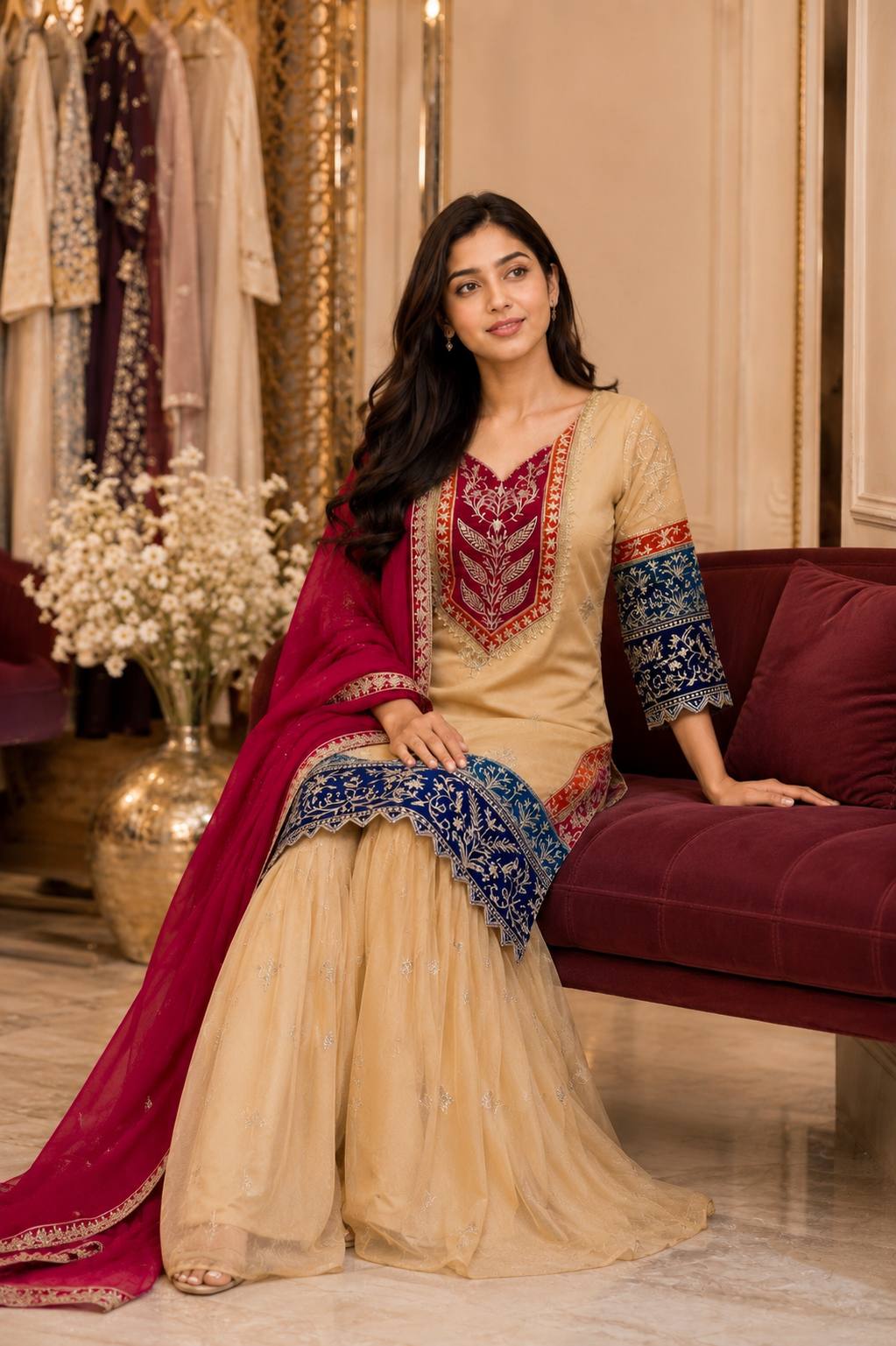 women’s heavy embroidered rangoli silk kurti palazzo set with dupatta | 3 piece ethnic suit set for festive & party wear