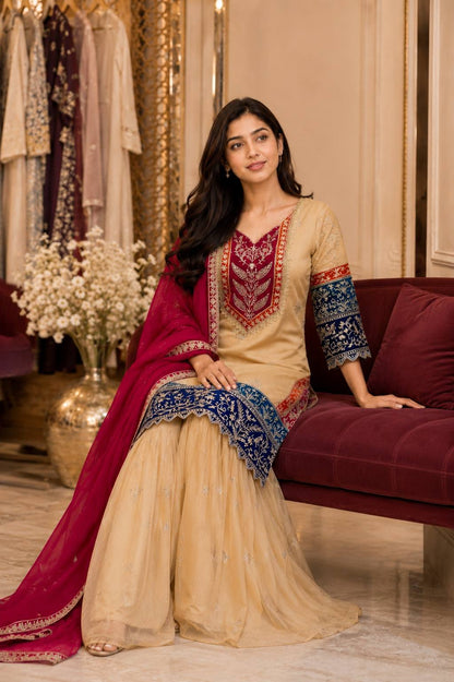 Women’s Heavy Embroidered Rangoli Silk Kurti Palazzo Set with Dupatta | 3 Piece Ethnic Suit Set for Festive & Party Wear