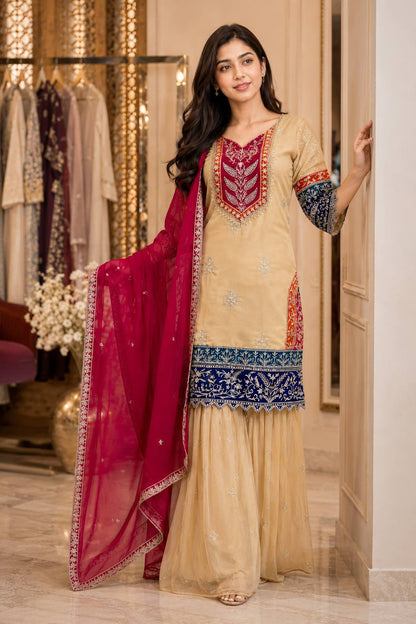 Women’s Heavy Embroidered Rangoli Silk Kurti Palazzo Set with Dupatta | 3 Piece Ethnic Suit Set for Festive & Party Wear