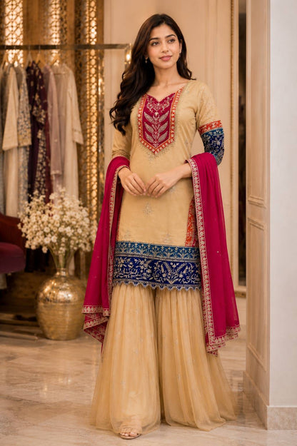Women’s Heavy Embroidered Rangoli Silk Kurti Palazzo Set with Dupatta | 3 Piece Ethnic Suit Set for Festive & Party Wear