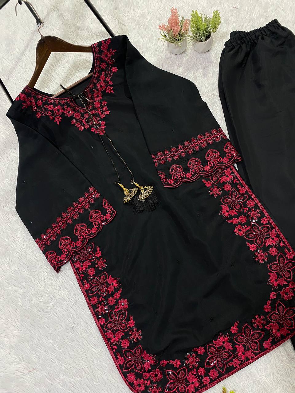 women’s eid special embroidered co-ord set with palazzo | french crepe sequence work ethnic outfit