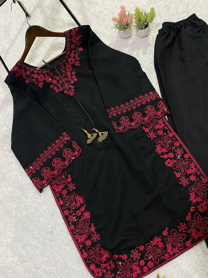 Women’s Eid Special Embroidered Co-Ord Set with Palazzo | French Crepe Sequence Work Ethnic Outfit
