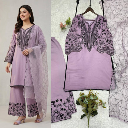 Women’s Mal Cotton Embroidered Suit Set with Organza Dupatta | Festival Wear Top Palazzo Dupatta Set