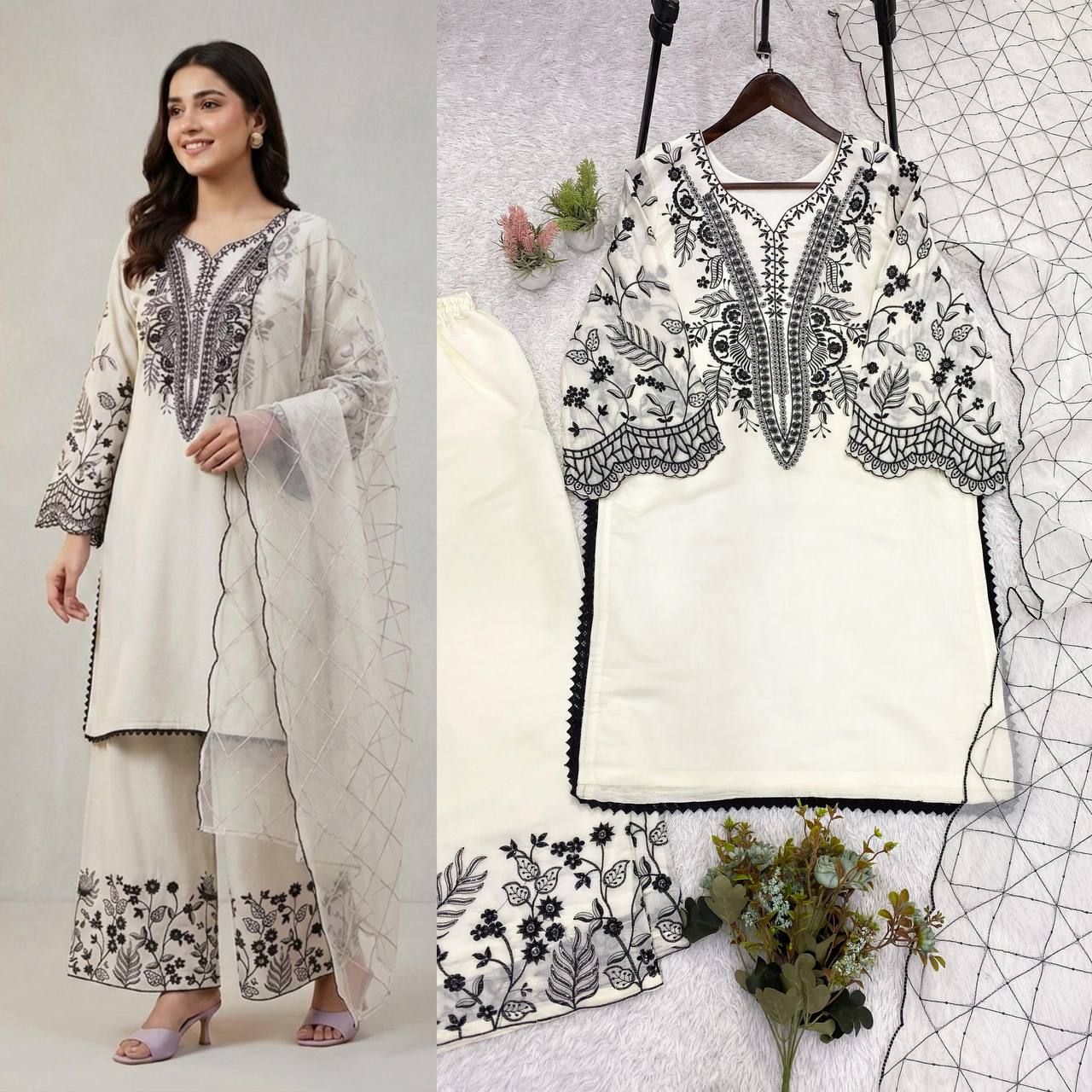 women’s mal cotton embroidered suit set with organza dupatta | festival wear top palazzo dupatta set