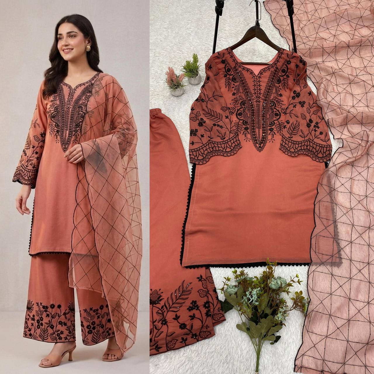 women’s mal cotton embroidered suit set with organza dupatta | festival wear top palazzo dupatta set