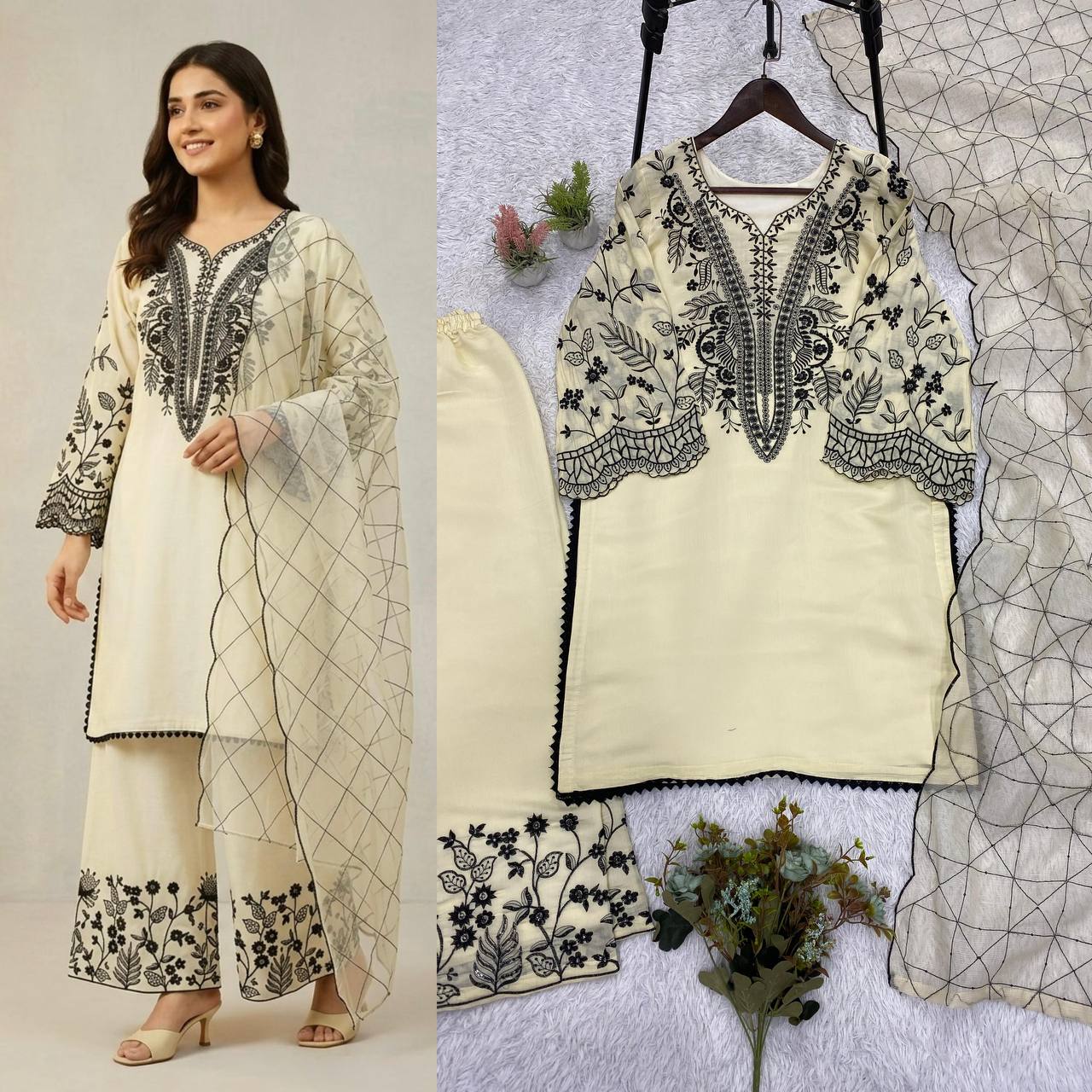 women’s mal cotton embroidered suit set with organza dupatta | festival wear top palazzo dupatta set