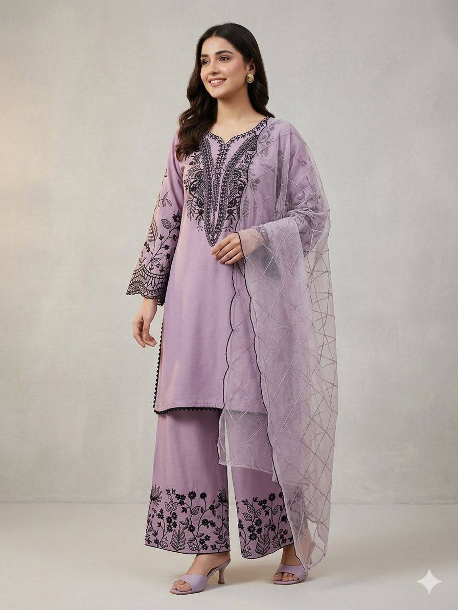 women’s mal cotton embroidered suit set with organza dupatta | festival wear top palazzo dupatta set