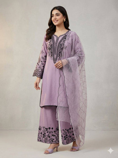 Women’s Mal Cotton Embroidered Suit Set with Organza Dupatta | Festival Wear Top Palazzo Dupatta Set