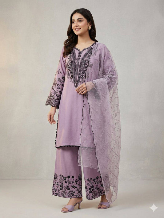 Women’s Mal Cotton Embroidered Suit Set with Organza Dupatta | Festival Wear Top Palazzo Dupatta Set