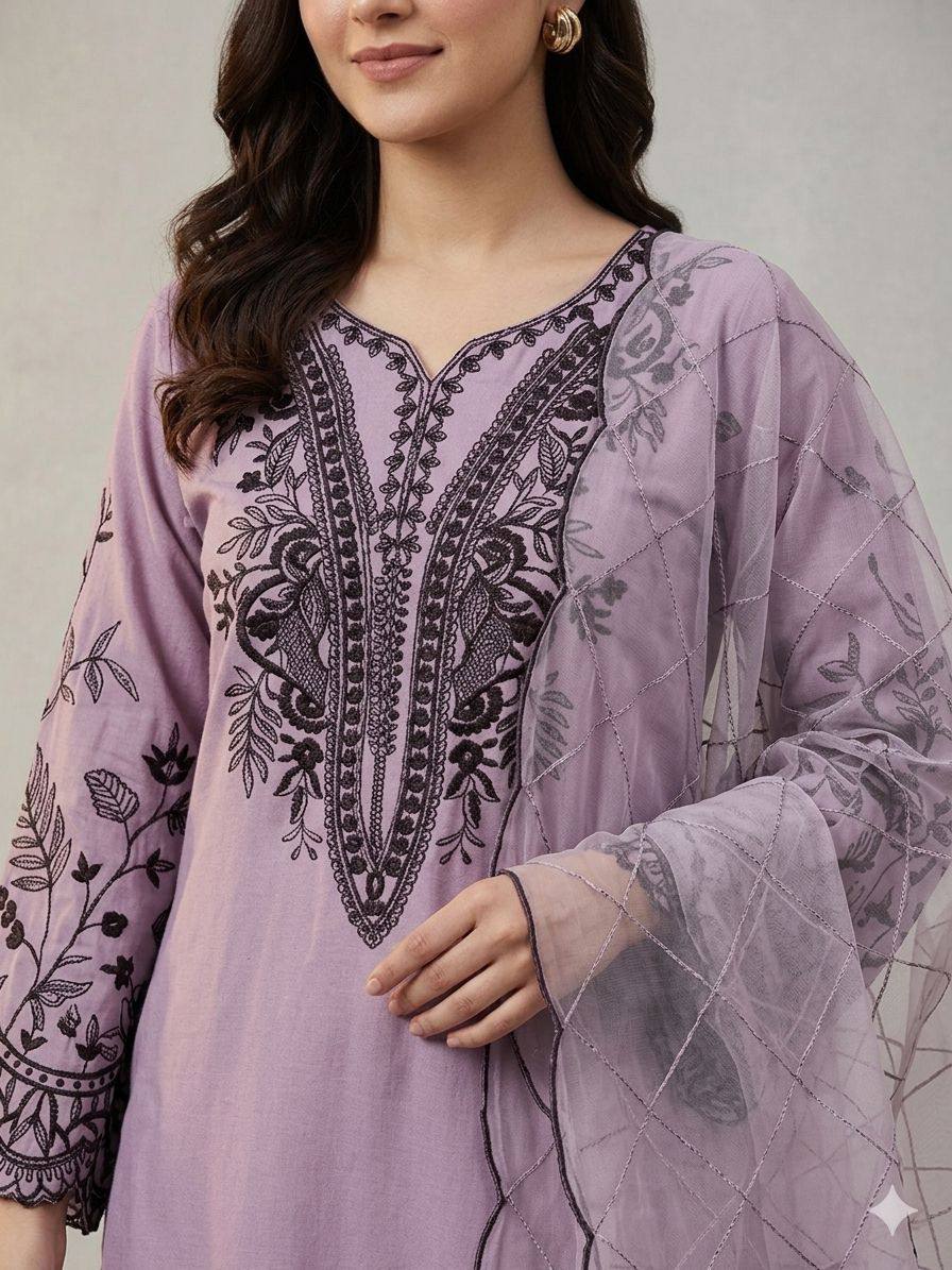 women’s mal cotton embroidered suit set with organza dupatta | festival wear top palazzo dupatta set