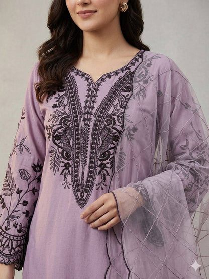 Women’s Mal Cotton Embroidered Suit Set with Organza Dupatta | Festival Wear Top Palazzo Dupatta Set