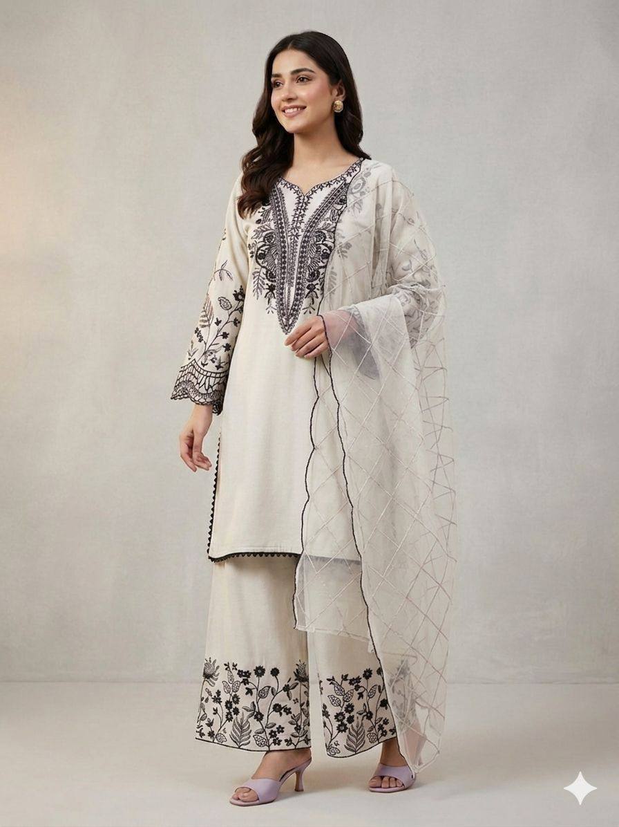 women’s mal cotton embroidered suit set with organza dupatta | festival wear top palazzo dupatta set