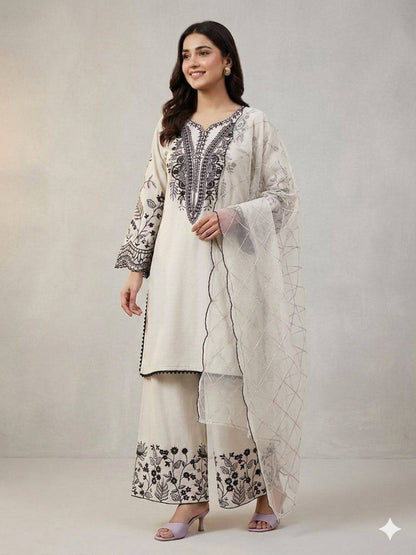 Women’s Mal Cotton Embroidered Suit Set with Organza Dupatta | Festival Wear Top Palazzo Dupatta Set