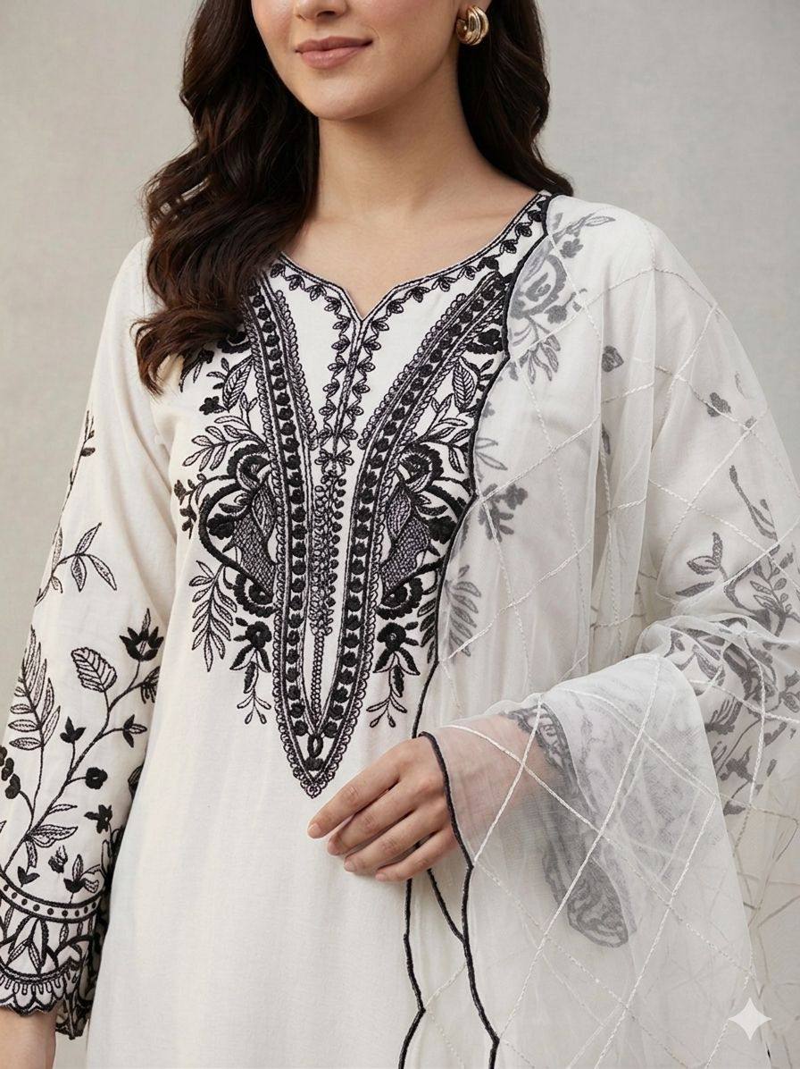 women’s mal cotton embroidered suit set with organza dupatta | festival wear top palazzo dupatta set